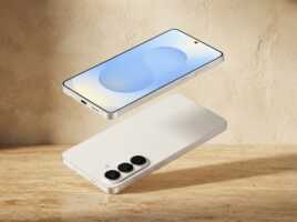 Deux smartphones blancs en lévitation, montrant l'écran et le bloc optique arrière sur un fond neutre.