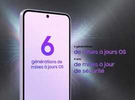 Smartphone affichant 6 générations de mises à jour OS et 6 ans de mises à jour de sécurité.