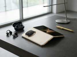 Un smartphone pliable et des écouteurs sans fil sur un bureau, éclairage naturel, photographie de produit.