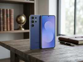 Un smartphone Samsung posé sur un bureau en bois, éclairage naturel, style photographie de produit.