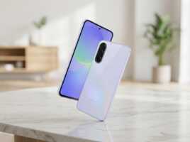 Un smartphone Samsung violet en lévitation sur une table en marbre, éclairage naturel, style photographie produit.