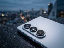 Dos d'un smartphone avec trois objectifs photo posé sur une surface en pierre devant un paysage urbain.