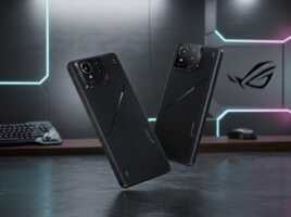Deux smartphones Asus ROG noirs en lévitation sur un fond neutre.