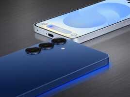 Deux smartphones bleus posés sur une surface métallique.