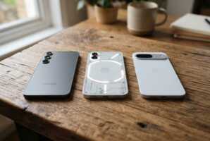 Samsung Galaxy S24 FE, Nothing Phone 3a Pro et Google Pixel 9a vus de dos sur une surface en bois.
