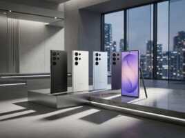 Quatre smartphones Samsung alignés sur un socle en pierre dans un bureau avec vue sur une ville, éclairage studio.
