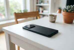 Smartphone Xiaomi 14 posé face arrière sur une table blanche.