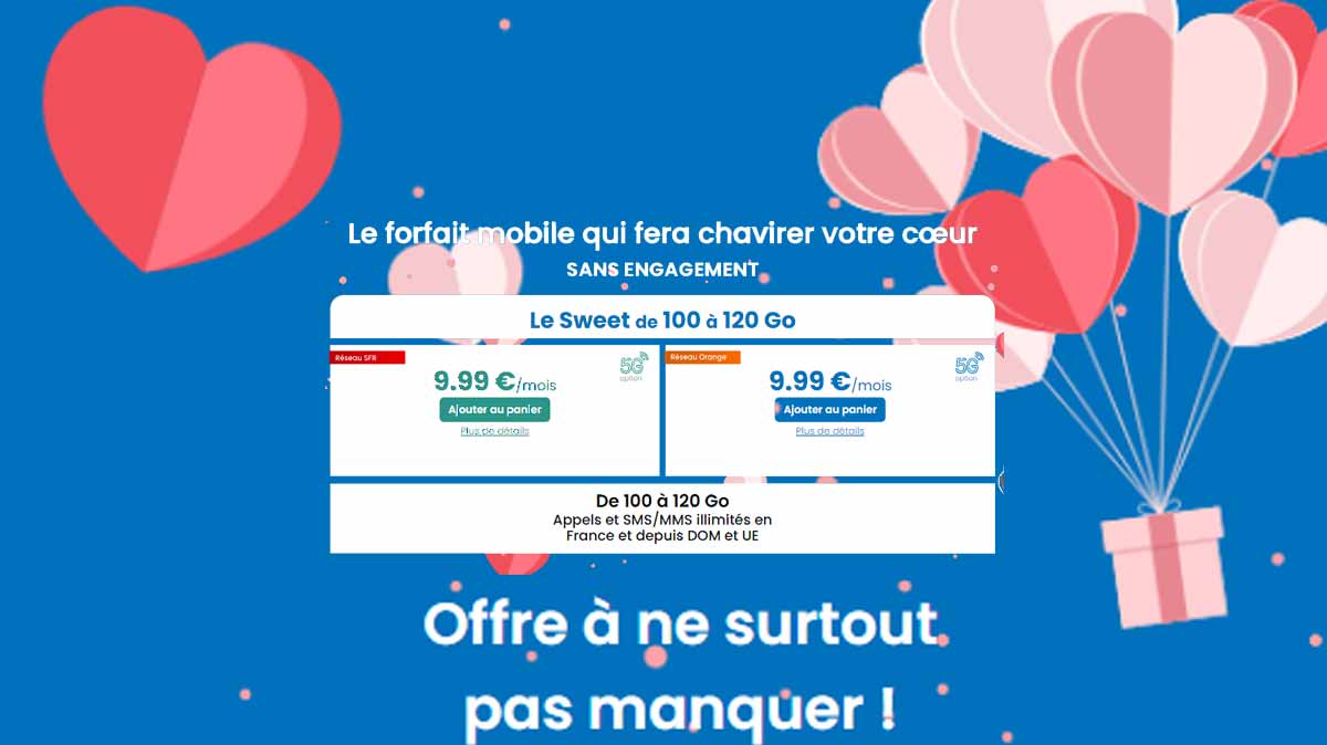 Le forfait mobile Le Sweet 100 Go au prix fixe de 9.99€ par mois sur le réseau Orange ou SFR est prolongé chez YouPrice !