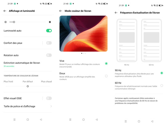 Paramètre de l'écran de l'Oppo Find X3 Lite