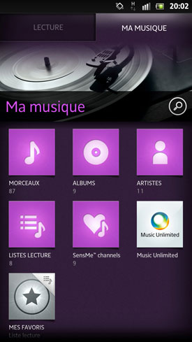 Sony Xperia S : menu musique