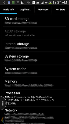 Capture d'écran du Samsung Galaxy S4 qui révèlent des caractéristiques techniques