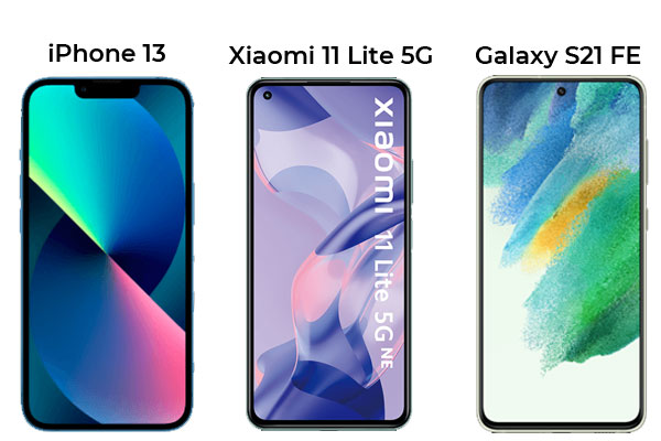 Les trois Smartphones les plus populaires du moment : Galaxy S21 FE, iPhone 13 et Xiaomi 11 Lite 5G NE