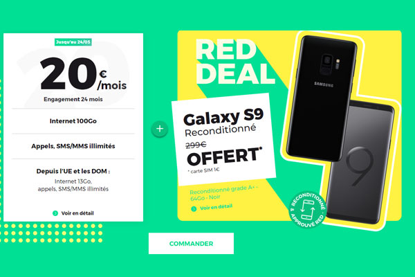 Offre RED Deal de RED By SFR : "Samsung Galaxy S9 reconditionné offert + forfait RED 100Go"