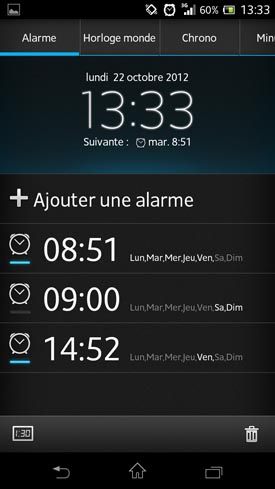 Sony Xperia T : menu alarme