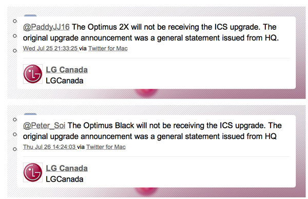 Pas de mise à jour Android 4.0 ICS pour les LG Optimus 2X et Optimus Black, au Canada seulement ?