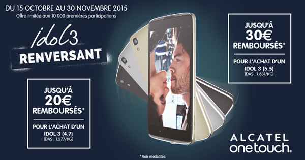 Alcatel OneTouch Idol 3 : jusqu'à 30 € remboursés sur les achats avant le 30 novembre