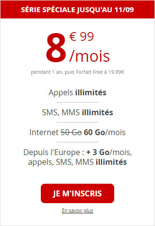 Forfait Free Mobile à 8,99 euros avec 60 Go