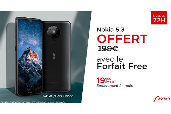 Vente privée Free Mobile : le Smartphone Nokia 5.3 offert avec le forfait illimité 100Go