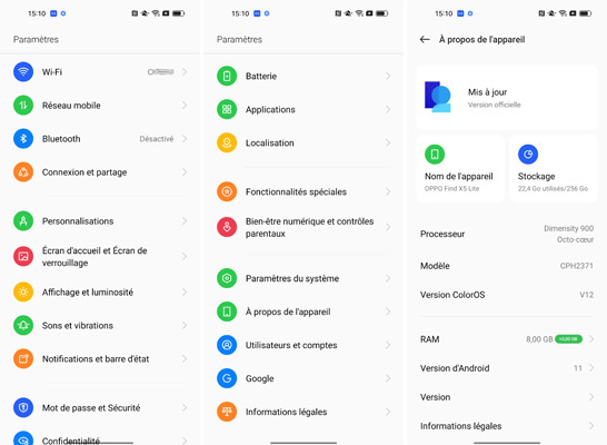 Interface et paramètres Oppo Find X5 Lite