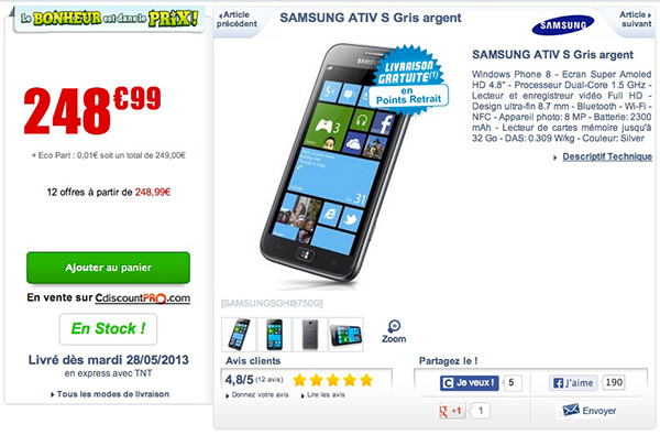 Bon plan Windows Phone 8 : le Samsung Ativ S neuf à 249 euros !