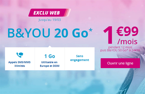 Bouygues Telecom : le forfait B&You 20 Go en promotion à 1,99 euro !