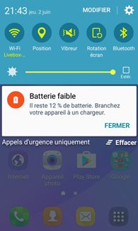 Samsung Galaxy J1 (2016) : centre de notifications  avec réglages rapides