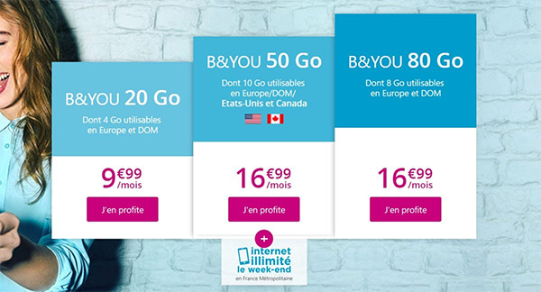 Forfaits mobile B&You : jusqu'à 80 Go en promo à 16,99 euros par mois à vie