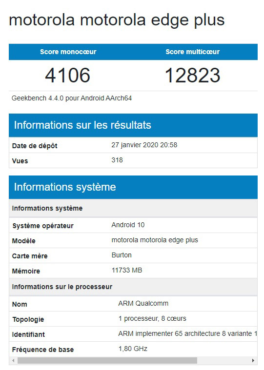 Motorola Moto Edge+ : ses caractéristiques dévoilées par Geekbench