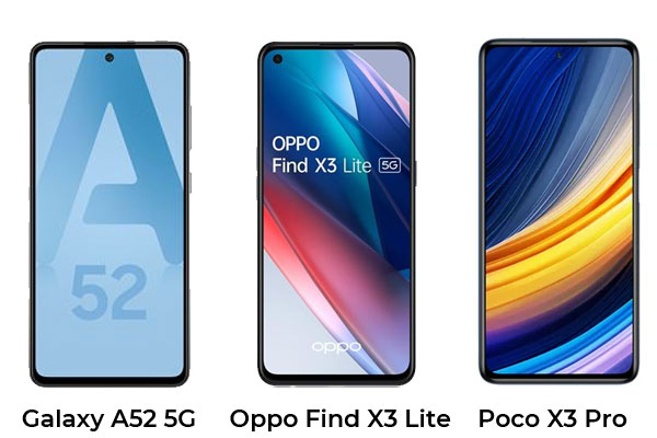 Les 3 smartphones récents au bon rapport qualité prix : Samsung Galaxy A52 5G, Oppo Find X3 Lite et Poco X3 Pro