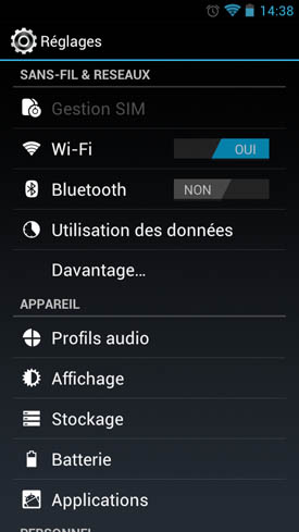 Wiko Cink Peax : settings