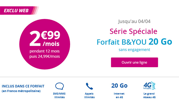 Bouygues Telecom : le forfait B&YOU 20 Go est à 2,99 euros