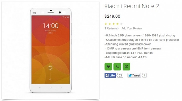 Le Xiaomi Redmi Note 2 déjà référencé chez un revendeur