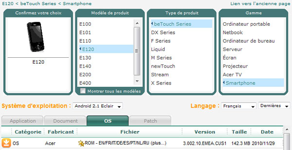 Acer beTouch E120 et E130 : mise à jour Android 2.1 disponible