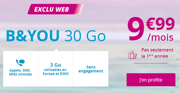 Bouygues Telecom : Forfait B&You 30 Go à 9,99 euros