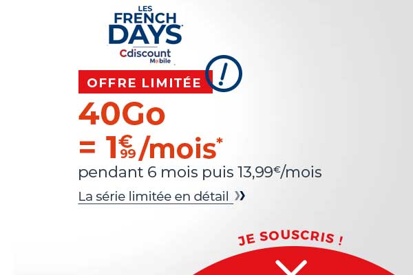 Nouvelle promotion spéciale French Days : le forfait mobile Cdiscount 40Go est à 1.99€ !