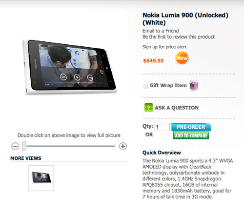 Le Nokia Lumia 900 en version blanche pas encore officialisé… mais disponible à la vente 