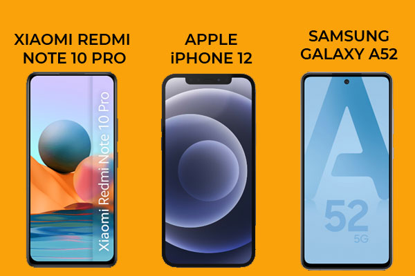 Les trois smartphones les plus populaires en Avril 2021 : Apple iPhone 12, Xiaomi Redmi Note 10 Pro et Samsung Galaxy A52 5G