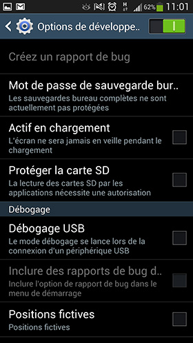Paramètres développeur sur le Samsung Galaxy S4