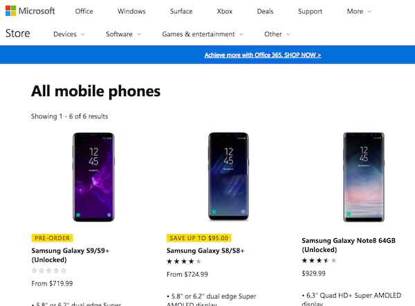 Microsoft vend aussi les Galaxy S9 et Galaxy S9+ de Samsung