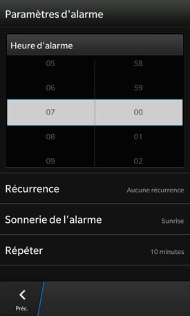 BlackBerry Z10 : paramètres d'alarme