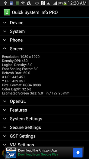 Capture d'écran du Samsung Galaxy S4 qui révèlent des caractéristiques techniques
