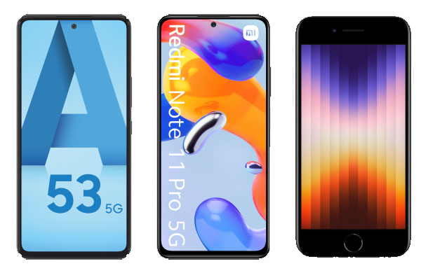 Les 3 Smartphones populaires du moment : Samsung Galaxy A53 5G, Apple iPhone SE 2022 et Xiaomi Redmi Note 11 Pro 5G