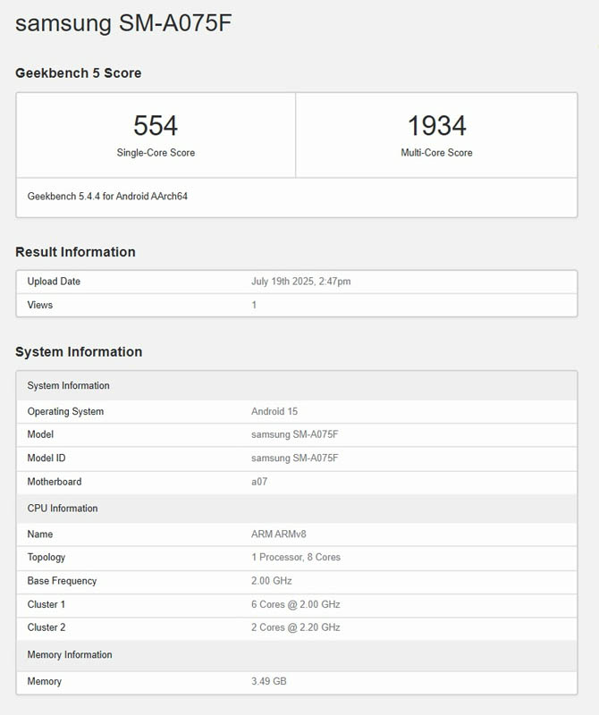 Samsung Galaxy A07 geekbench
