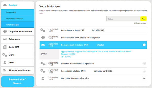 Joe Mobile propose un historique dans votre espace client