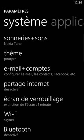 Nokia Lumia 620 paramètres