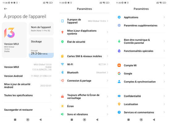 Paramètres du Xiaomi Redmi Note 11 Pro 5G