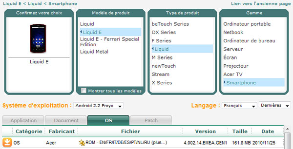 Acer Liquid E : mise à jour Android 2.2 disponible !