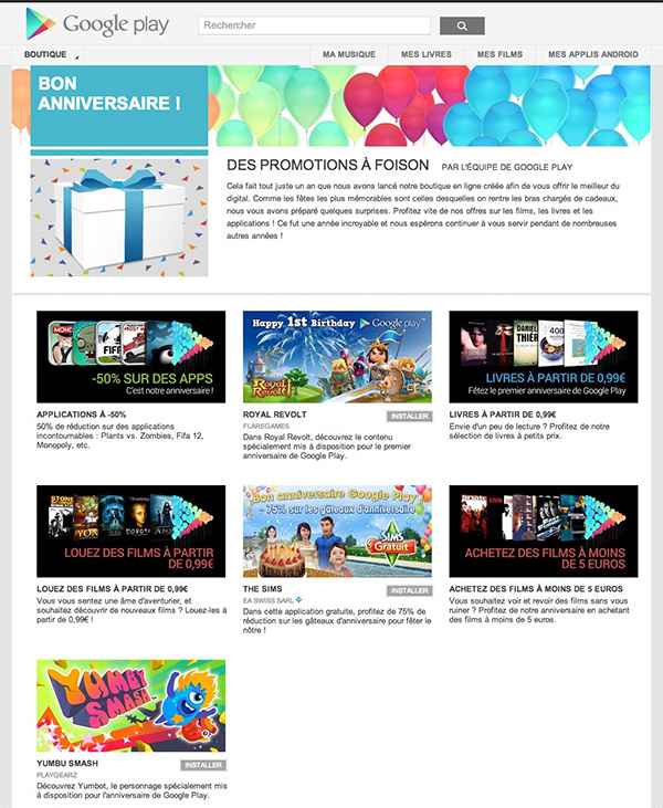 Google Play fête son premier anniversaire avec des promos sur les applis, les livres et les films