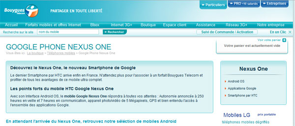 Le Nexus One apparaît chez Bouygues Telecom