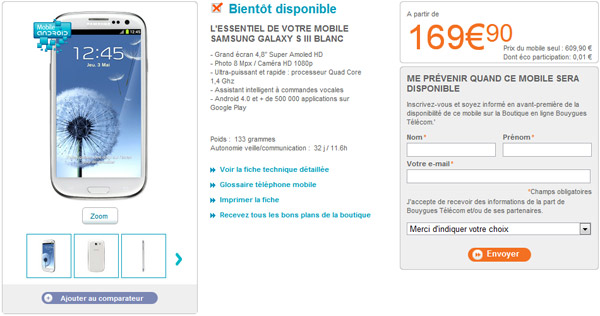 Le Samsung Galaxy S3 annoncé à 169 euros chez Bouygues Telecom